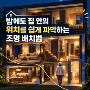 고령자 야간 위치 확인 조명으로 침실과 복도 이동 방향을 보여주는 주거환경