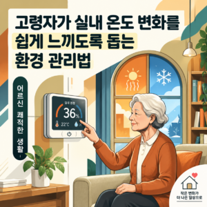 고령자가 실내 온도와 습도를 확인하며 쾌적한 주거환경을 관리하는 모습