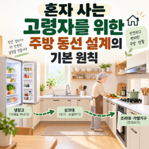 고령자가 혼자 요리하기 편하도록 냉장고 싱크대 조리대 동선을 정리한 주방