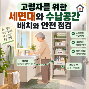 고령자가 편하게 사용할 수 있도록 세면대와 욕실 수납공간을 정리한 모습