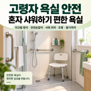 고령자 욕실 안전을 위해 샤워 의자와 안전손잡이를 배치한 욕실 모습