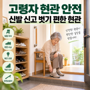 고령자 현관 안전을 위해 의자와 신발 수납공간을 정리한 현관 모습
