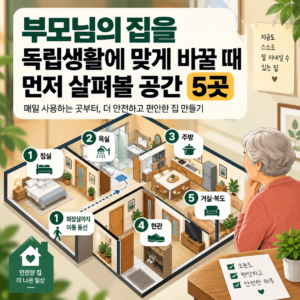 부모님 집 안전점검을 위해 침실 욕실 주방 현관과 이동동선을 살펴보는 모습