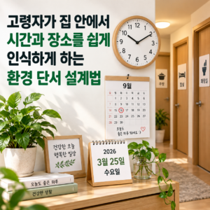 고령자가 집 안에서 시간과 장소를 쉽게 인식하도록 돕는 시계 달력 방 표지 환경 단서